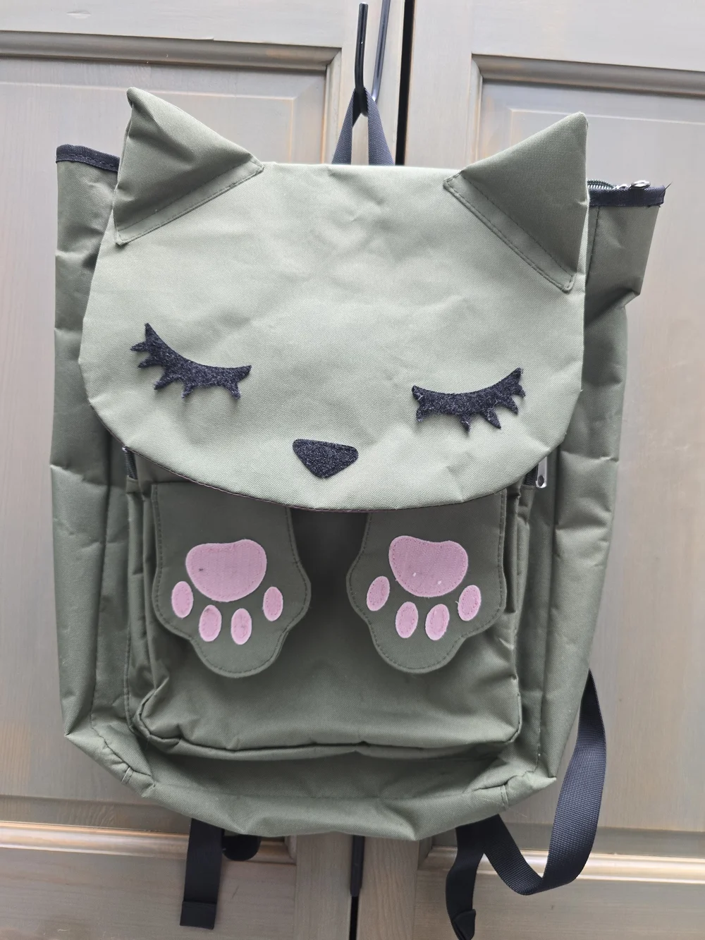 Olive Green Cat Backpack with Pink Paw Accents